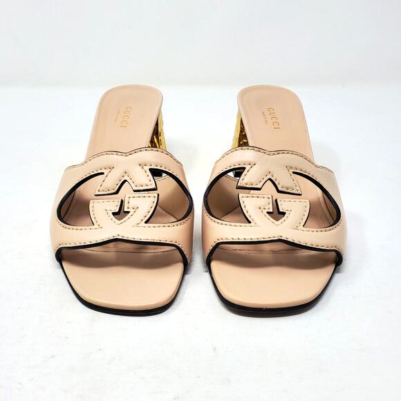 Gucci Sandals Interlocking G Cut-Out Leather Light Nude Gold Heel Size 37 US 7 - Picture 6 of 11